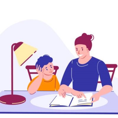 istockphoto-1310847284-612×612 A woman tutor with a boy schoolboy studying at home. They do their homework. Vector education concept. Illustration in flat cartoon.